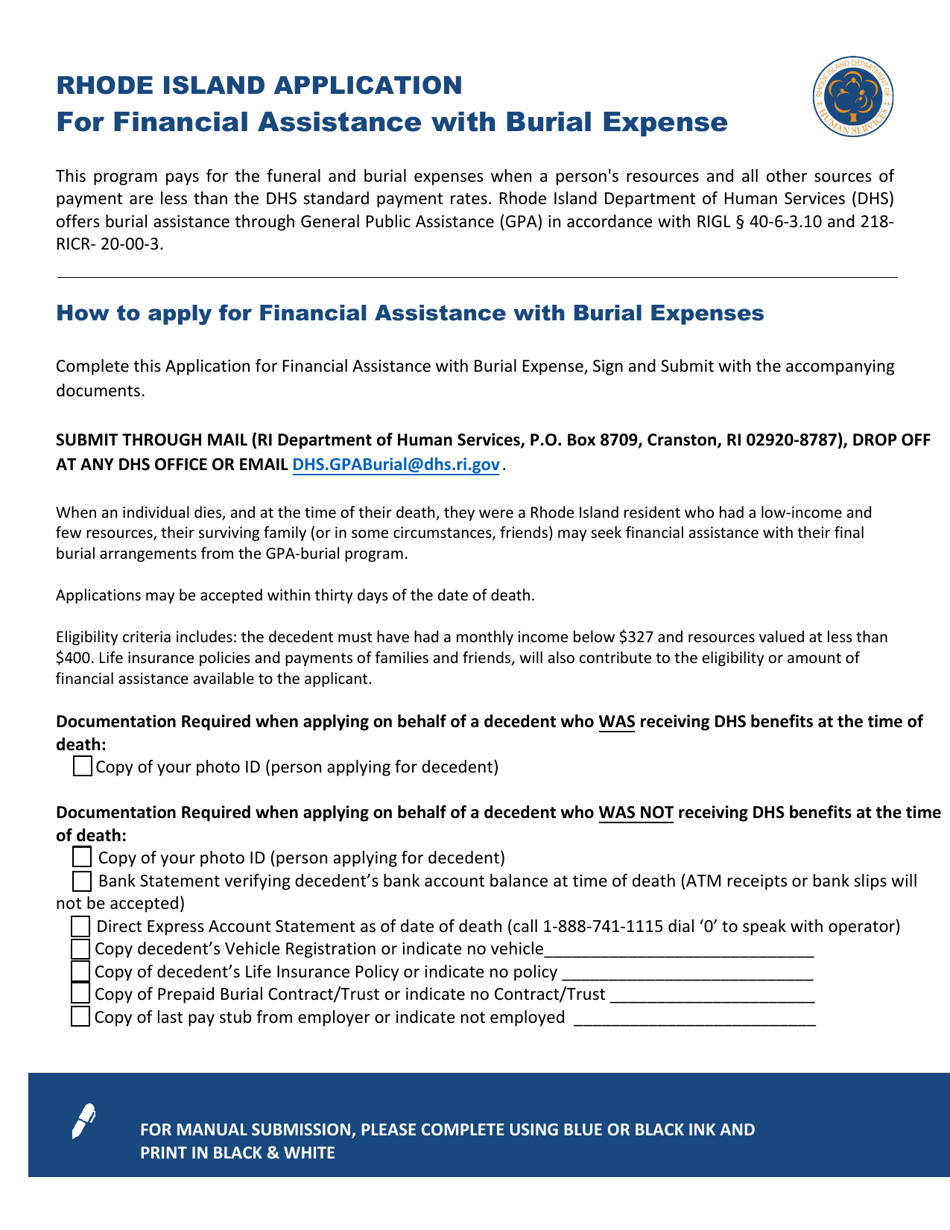 Rhode Island Application for Financial Assistance With Burial Expense - Rhode Island, Page 1