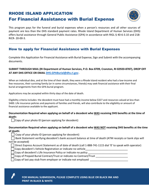 Rhode Island Application for Financial Assistance With Burial Expense - Rhode Island Download Pdf