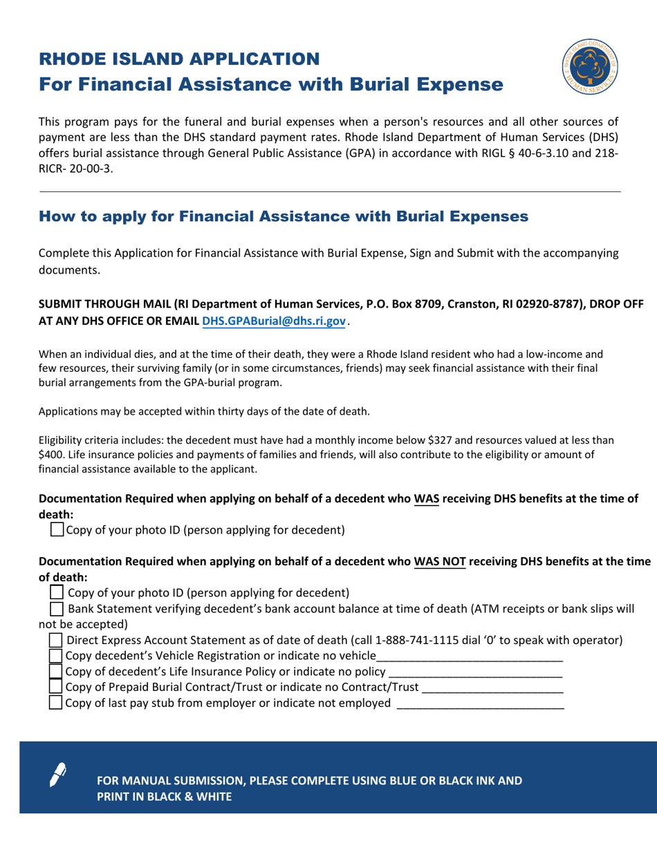 Rhode Island Rhode Island Application for Financial Assistance With