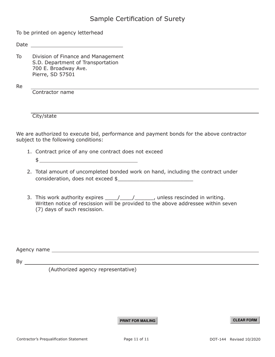Form DOT-144 (SD Form 0945) Contractors Prequalification Statement - South Dakota, Page 11