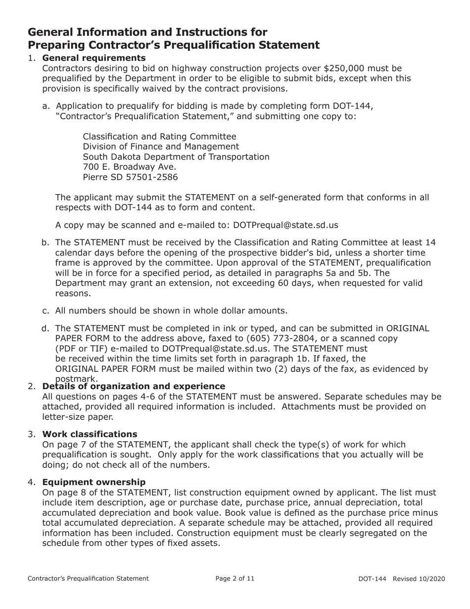 Form DOT-144 (SD Form 0945) Contractors Prequalification Statement - South Dakota, Page 2
