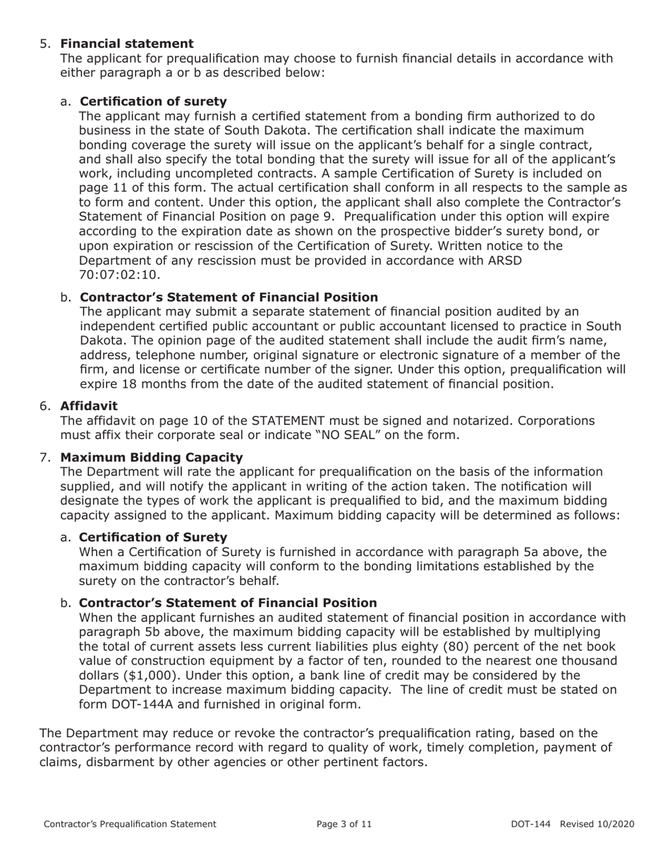 Form DOT-144 (SD Form 0945) Contractors Prequalification Statement - South Dakota, Page 3