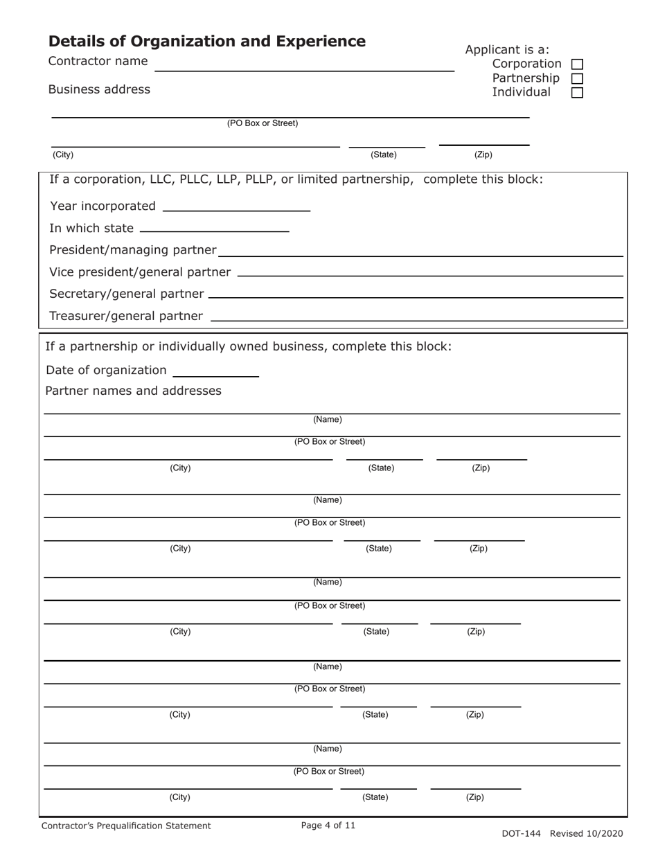 Form DOT-144 (SD Form 0945) Contractors Prequalification Statement - South Dakota, Page 4