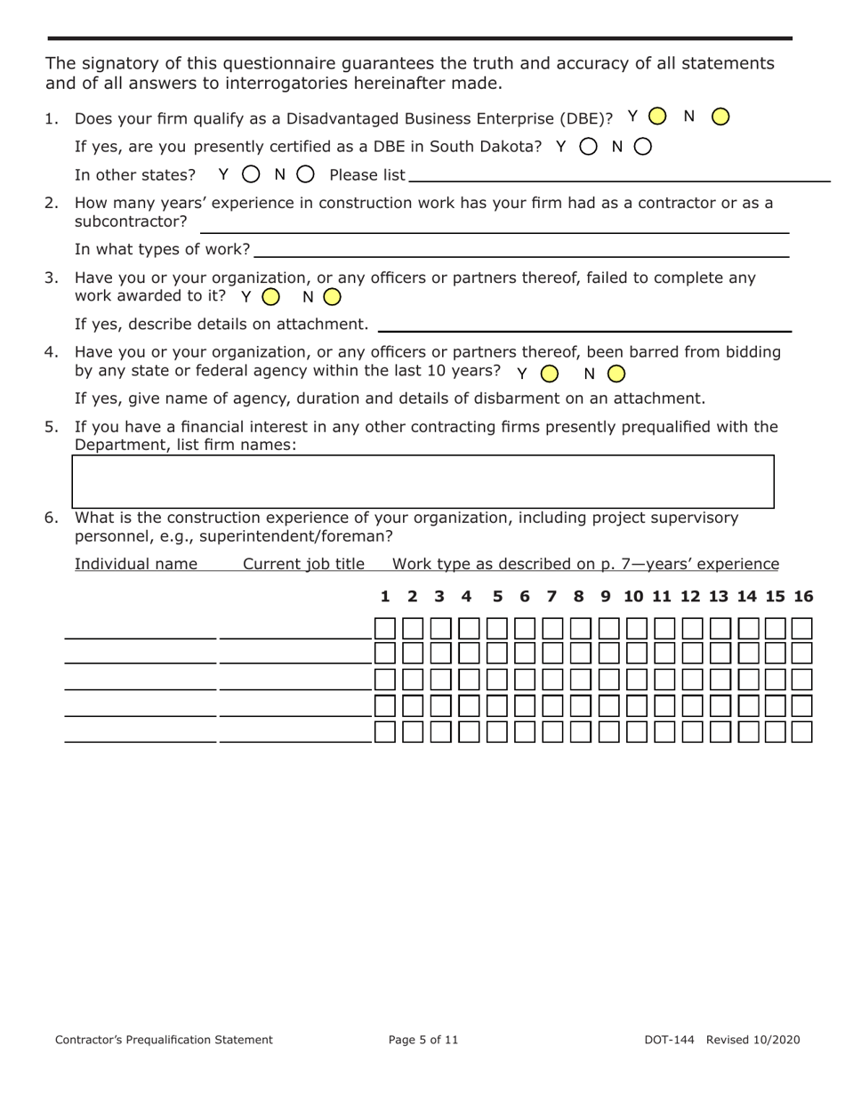Form DOT-144 (SD Form 0945) Contractors Prequalification Statement - South Dakota, Page 5
