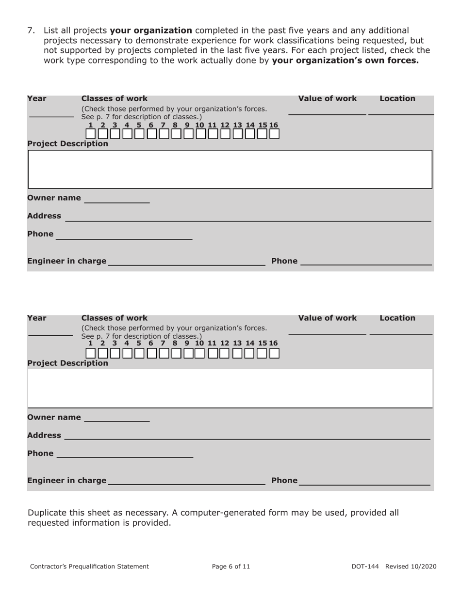 Form DOT-144 (SD Form 0945) Contractors Prequalification Statement - South Dakota, Page 6