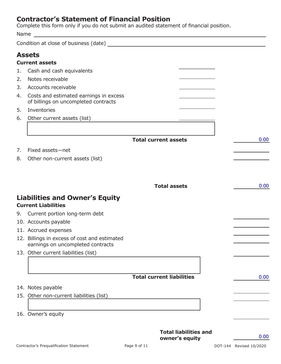 Form DOT-144 (SD Form 0945) Contractors Prequalification Statement - South Dakota, Page 9