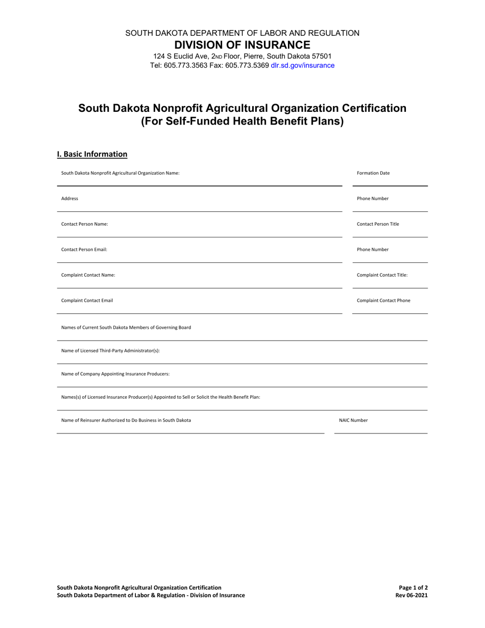 South Dakota Nonprofit Agricultural Organization Certification (For Self-funded Health Benefit Plans) - South Dakota, Page 1