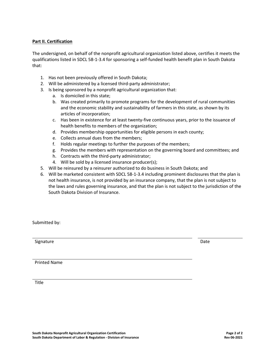 South Dakota Nonprofit Agricultural Organization Certification (For Self-funded Health Benefit Plans) - South Dakota, Page 2