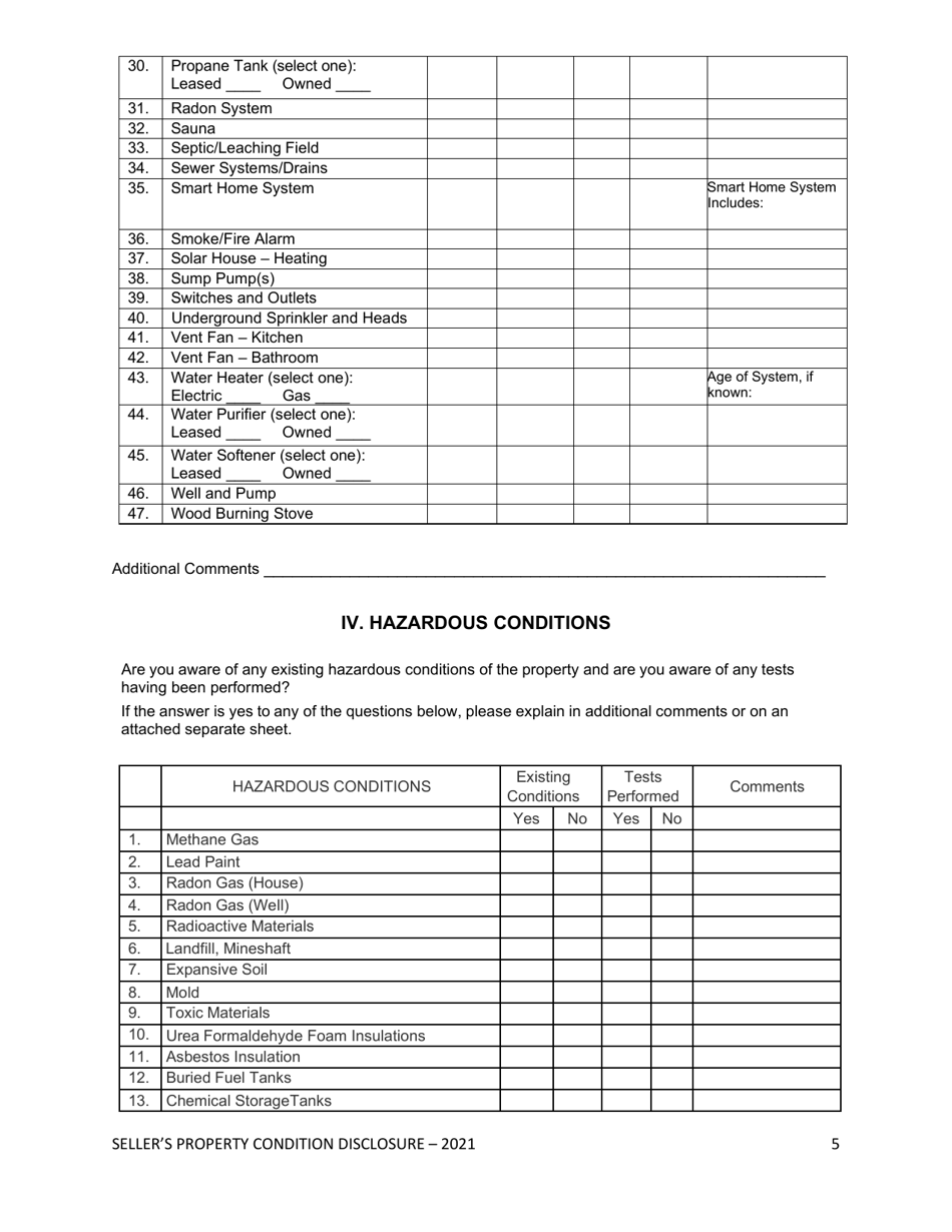 Sellers Property Condition Disclosure Statement - South Dakota, Page 5