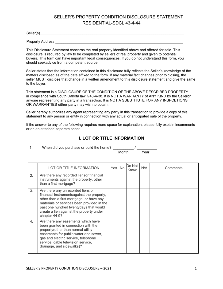 South Dakota Seller's Property Condition Disclosure Statement Download
