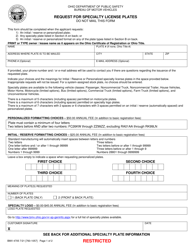 Form BMV4705 &quot;Request for Specialty License Plates&quot; - Ohio