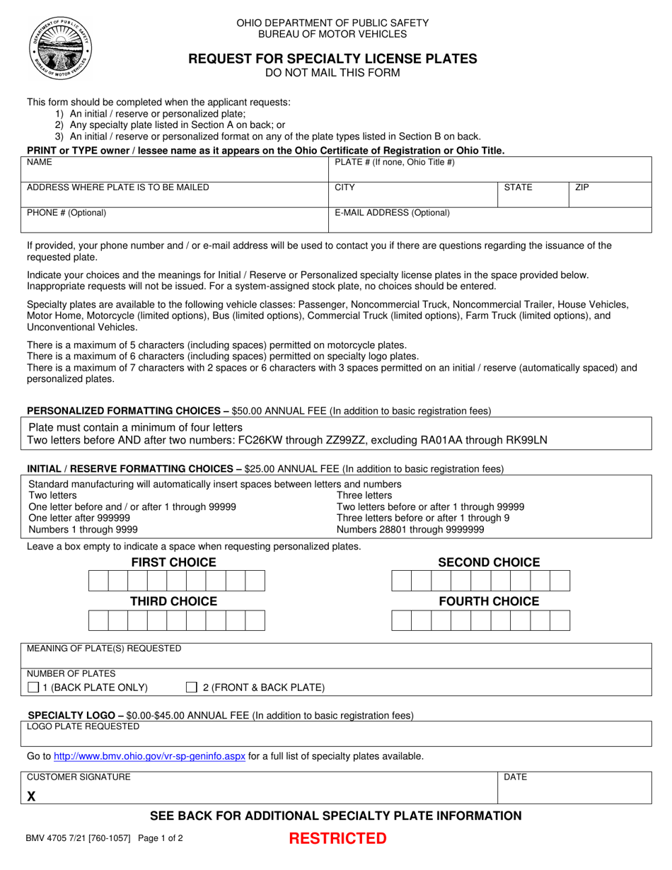 Form BMV4705 Request for Specialty License Plates - Ohio, Page 1