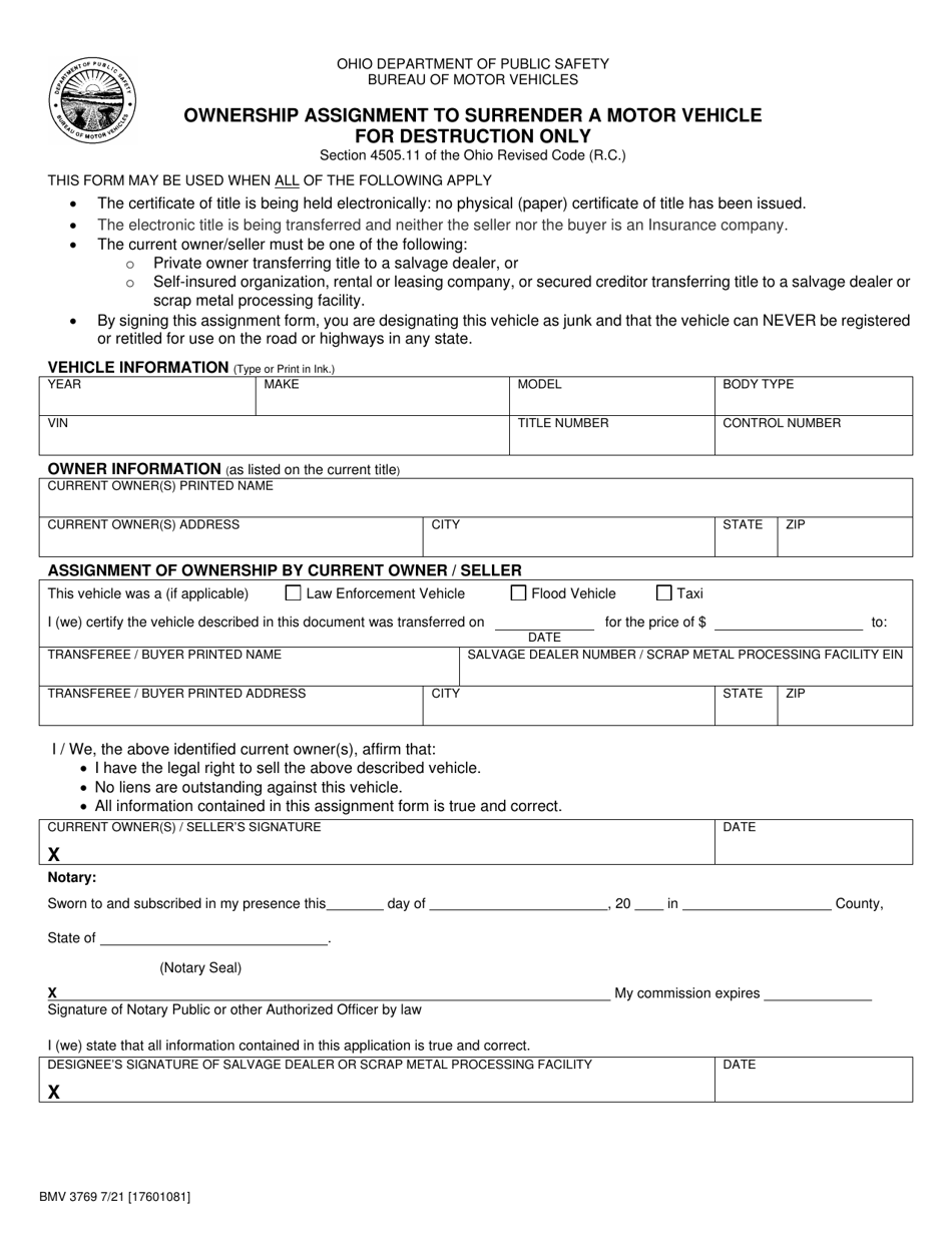 Form BMV3769 Ownership Assignment to Surrender a Motor Vehicle for Destruction Only - Ohio, Page 1
