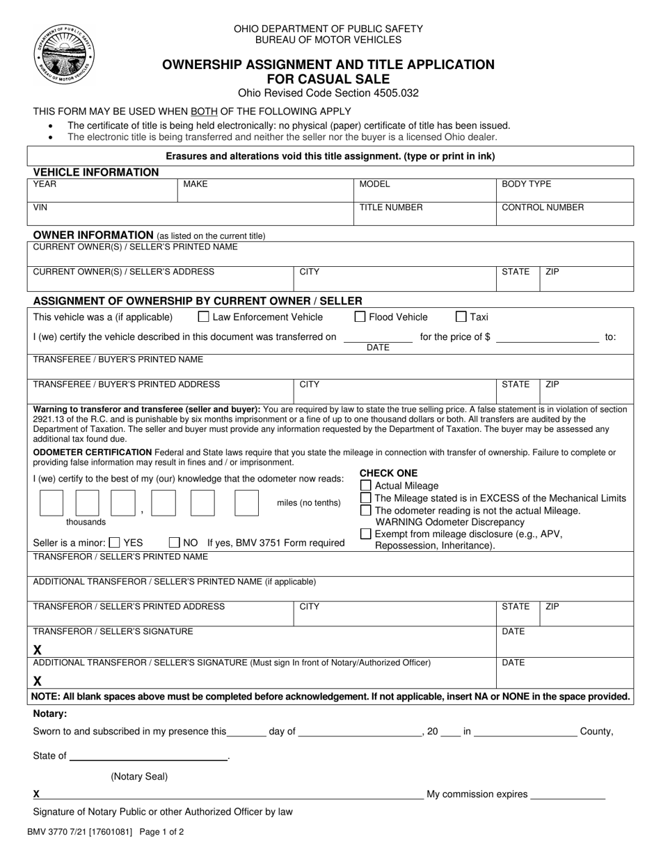 Form BMV3770 Ownership Assignment and Title Application for Casual Sale - Ohio, Page 1