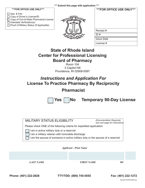 Application for License to Practice Pharmacy by Reciprocity - Rhode Island Download Pdf