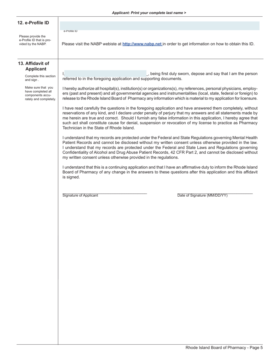 Application for License to Practice Pharmacy by Reciprocity - Rhode Island, Page 5