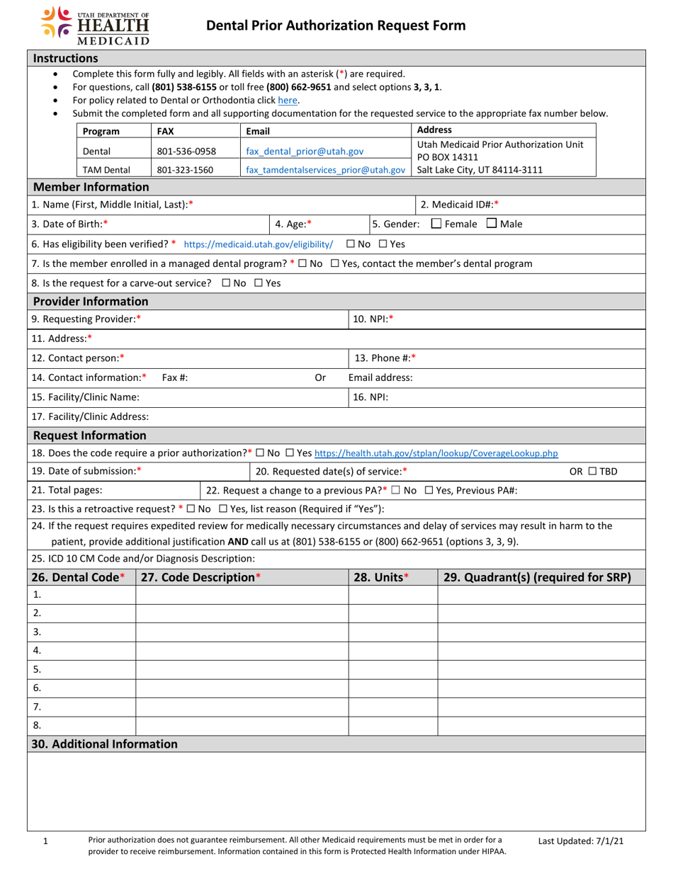 Utah Dental Prior Authorization Request Form - Fill Out, Sign Online ...