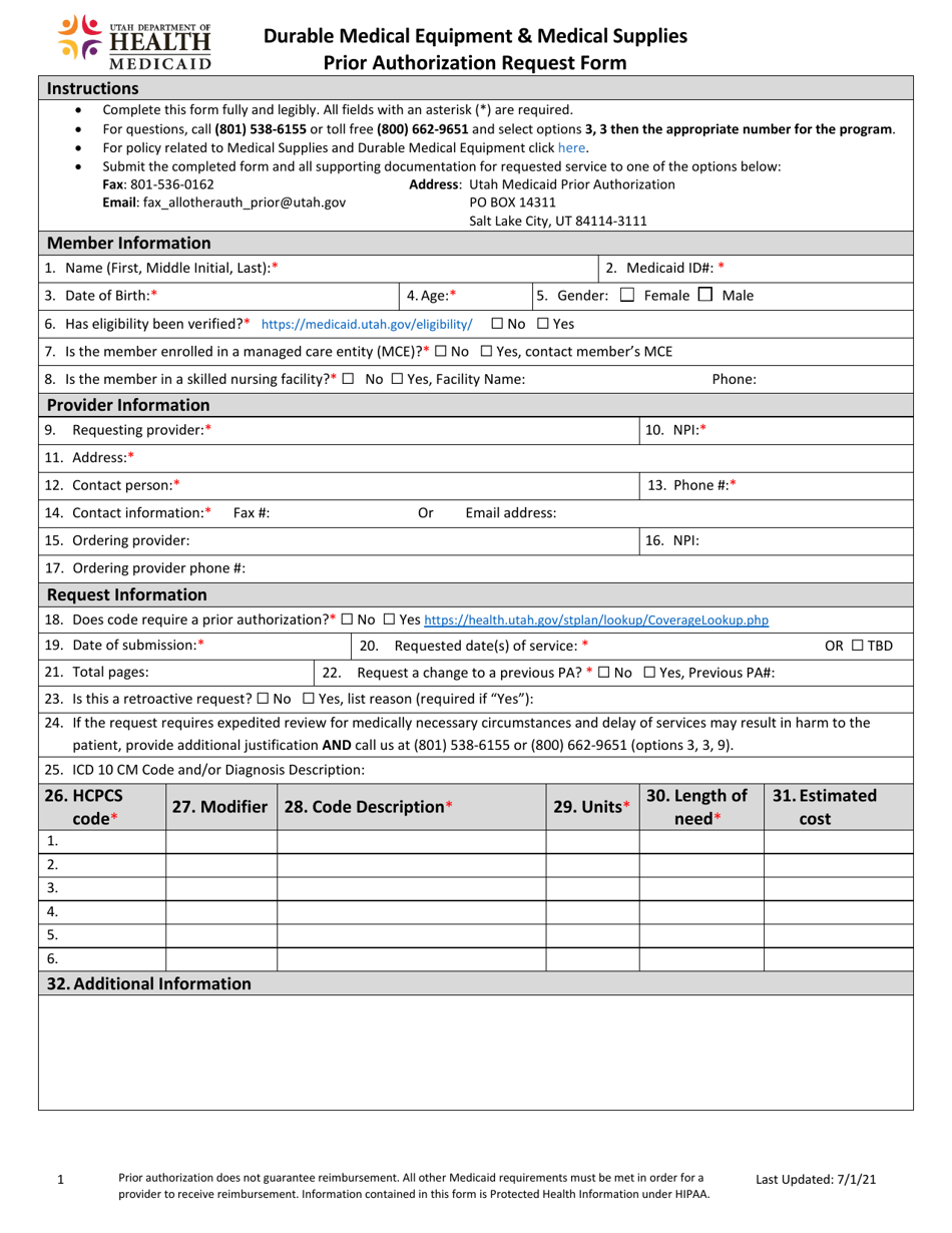 Durable Medical Equipment  Medical Supplies Prior Authorization Request Form - Utah, Page 1