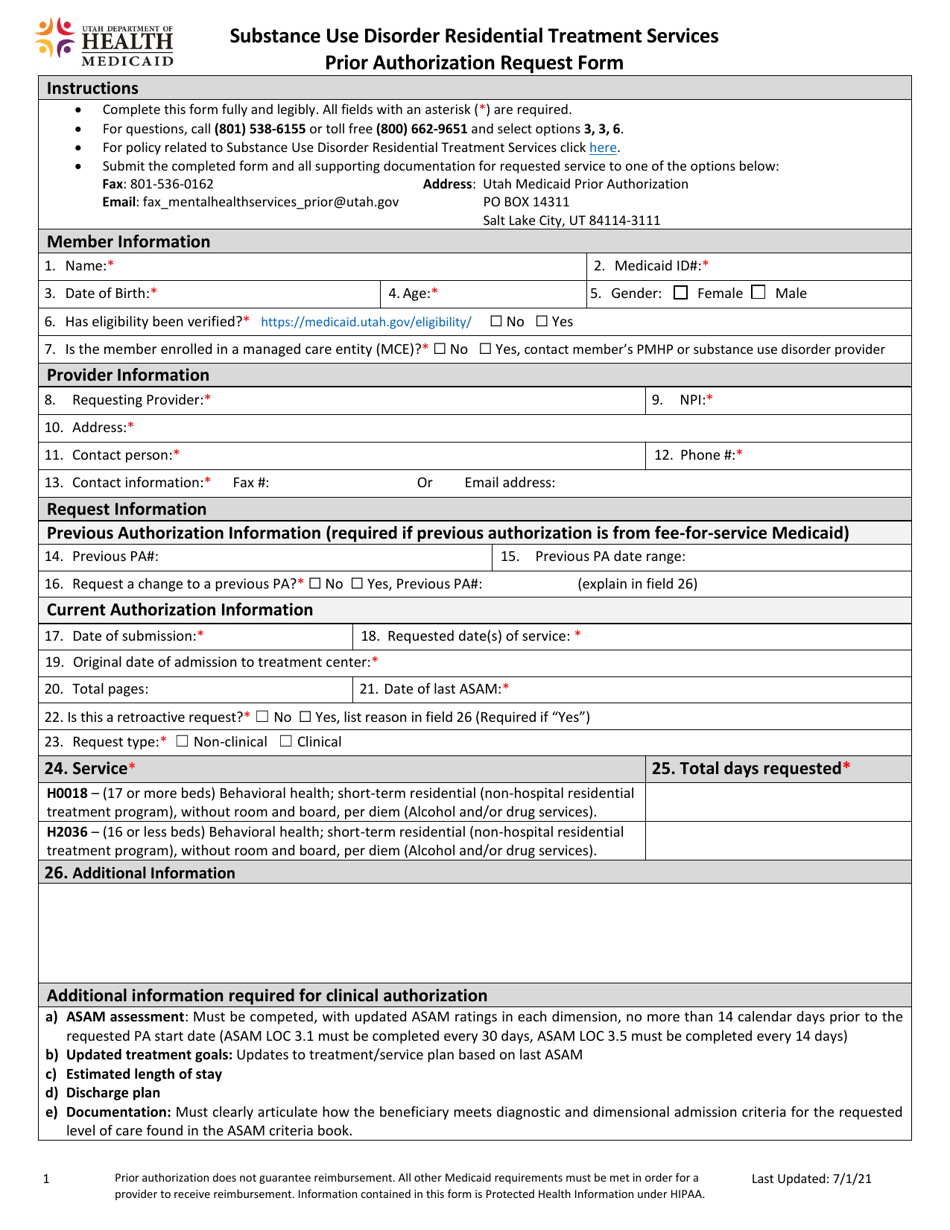 Substance Use Disorder Residential Treatment Services Prior Authorization Request Form - Utah, Page 1