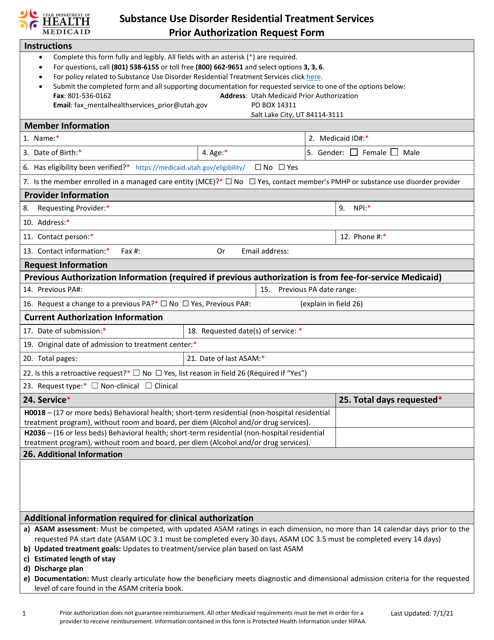Substance Use Disorder Residential Treatment Services Prior Authorization Request Form - Utah Download Pdf