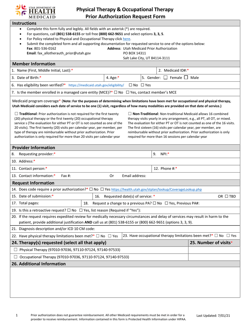 Physical Therapy and Occupational Therapy Prior Authorization Request Form - Utah, Page 1