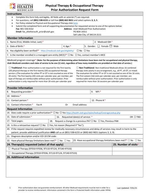 Physical Therapy and Occupational Therapy Prior Authorization Request Form - Utah Download Pdf