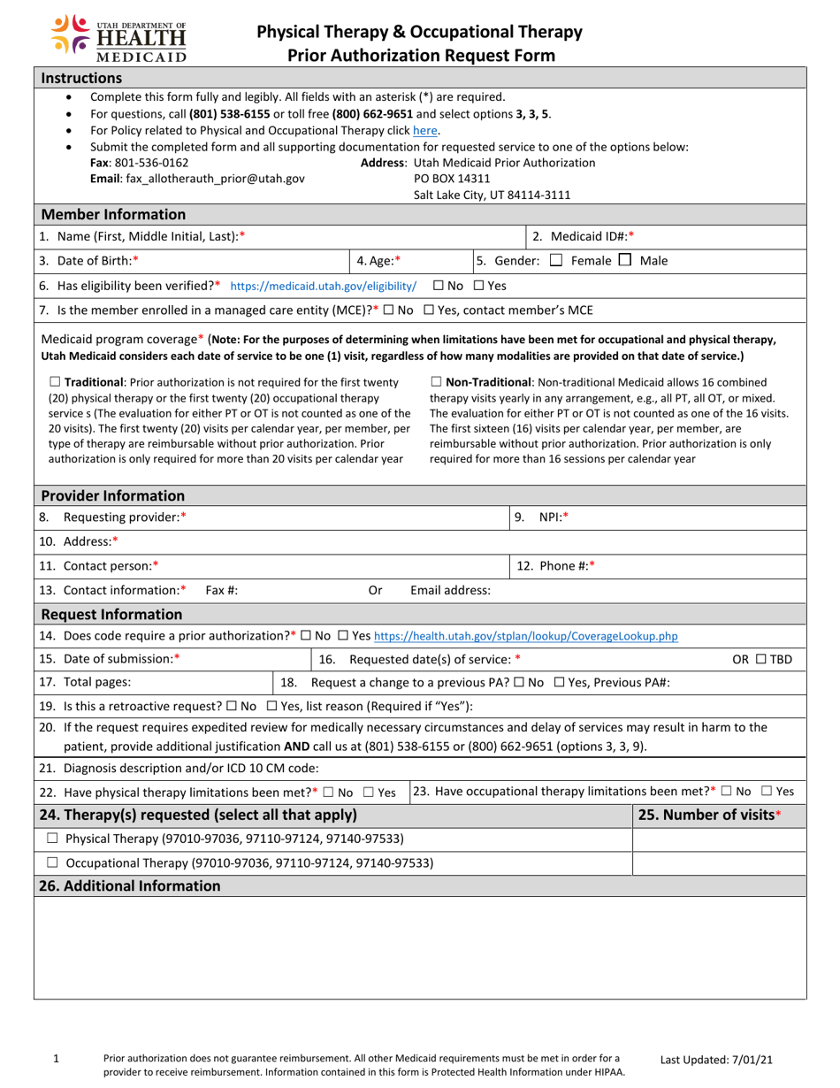 Utah Physical Therapy And Occupational Therapy Prior Authorization   Physical Therapy And Occupational Therapy Prior Authorization Request Form Utah Print Big 