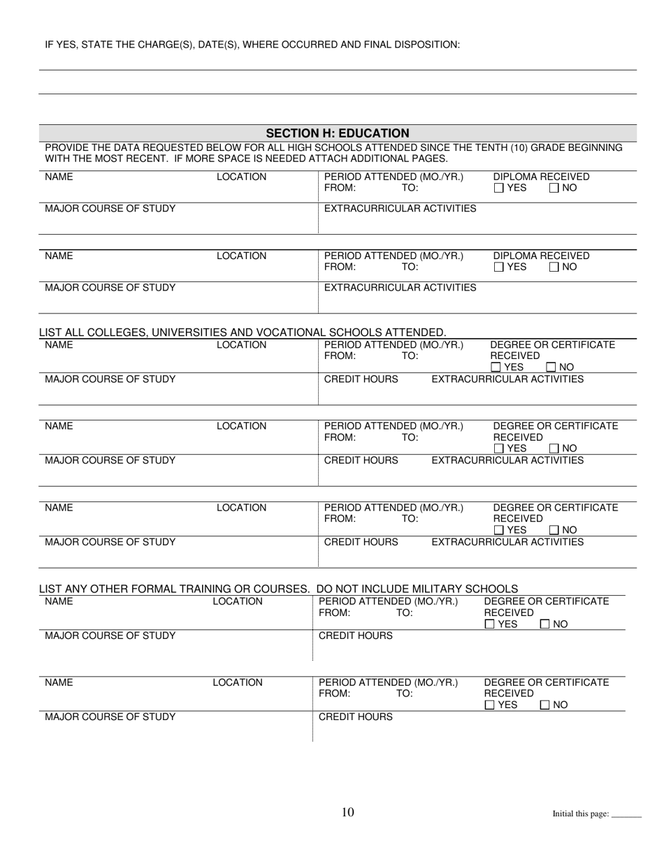 Wildlife Conservation Officer Cadet Personal History Questionnaire - Pennsylvania, Page 10