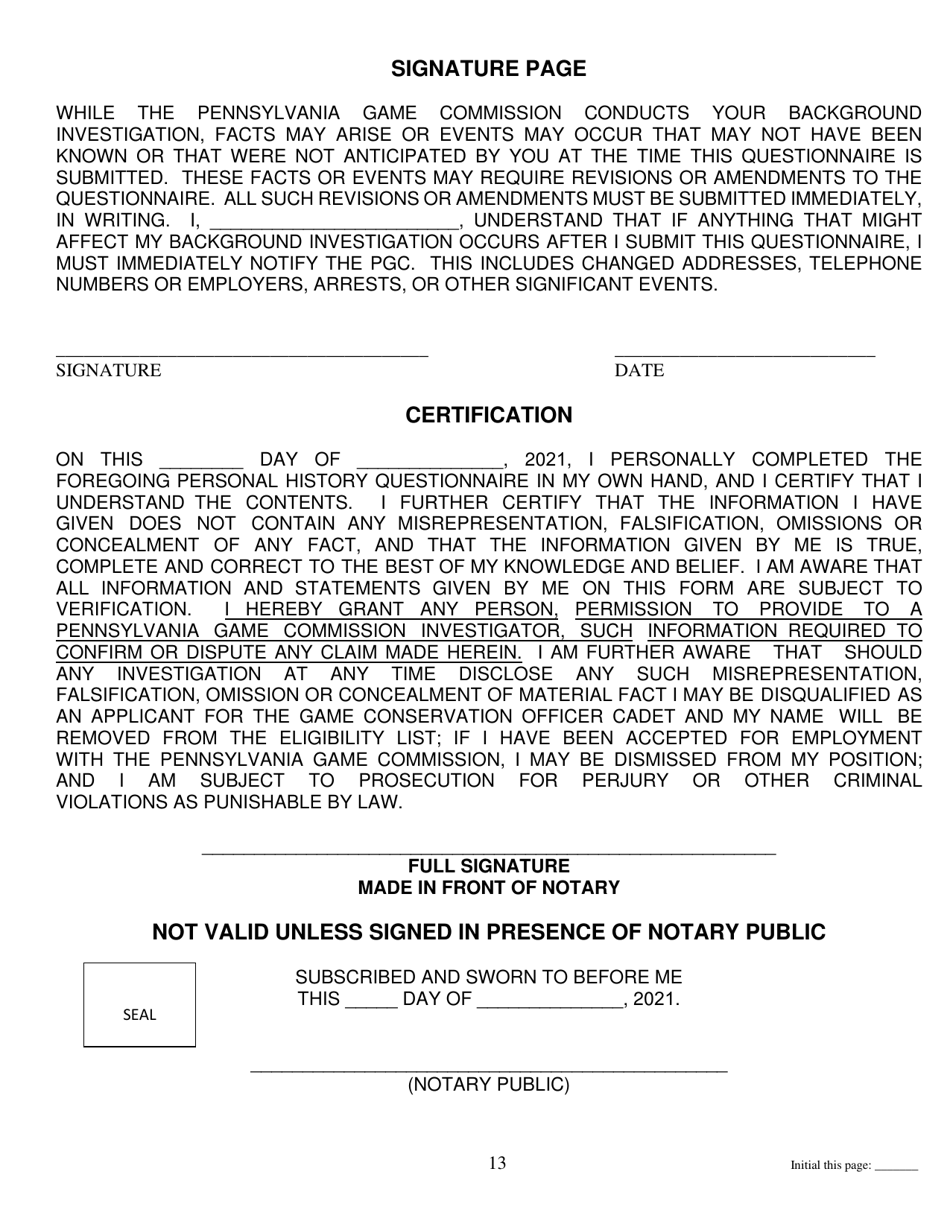 Wildlife Conservation Officer Cadet Personal History Questionnaire - Pennsylvania, Page 13