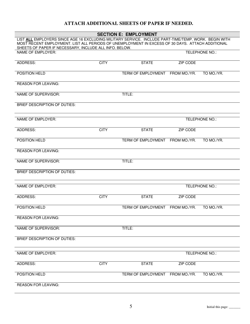 Wildlife Conservation Officer Cadet Personal History Questionnaire - Pennsylvania, Page 5
