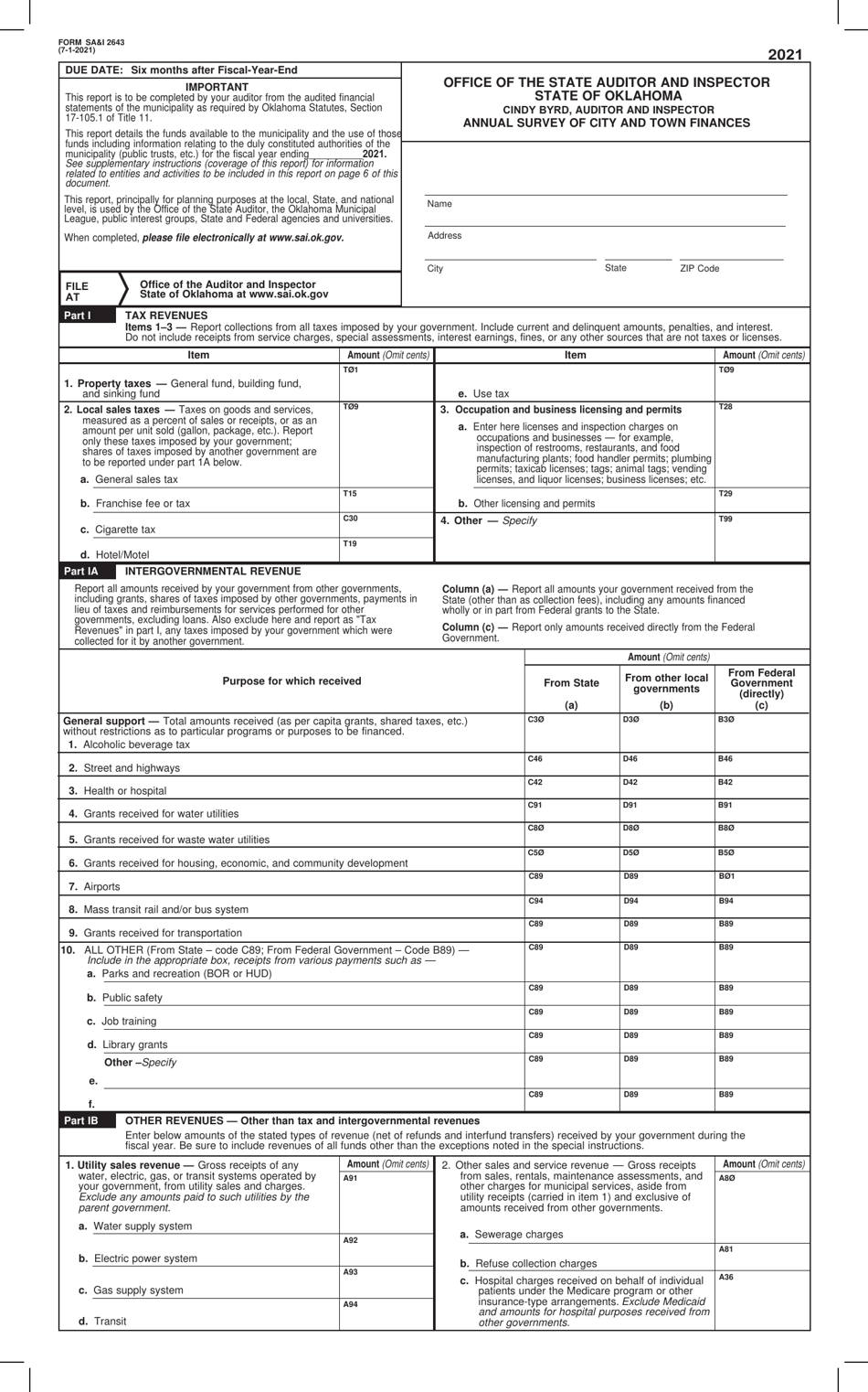 Form SAI2643 Annual Survey of City and Town Finances - Oklahoma, Page 1