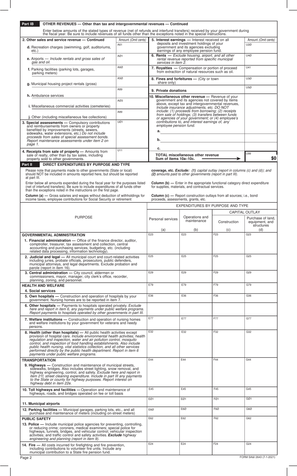 Form SAI2643 Annual Survey of City and Town Finances - Oklahoma, Page 2