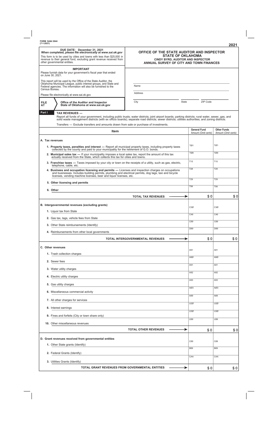 Form SAI2644 Annual Survey of City and Town Finances - Oklahoma, Page 1