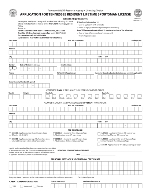 Form WR-0760 Application for Tennessee Resident Lifetime Sportsman License - Tennessee