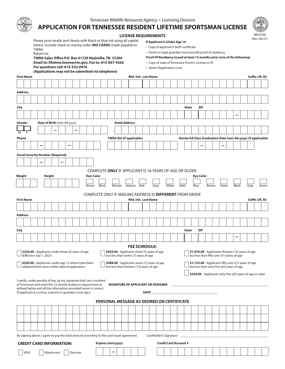 Form WR-0760 Application for Tennessee Resident Lifetime Sportsman License - Tennessee, Page 1