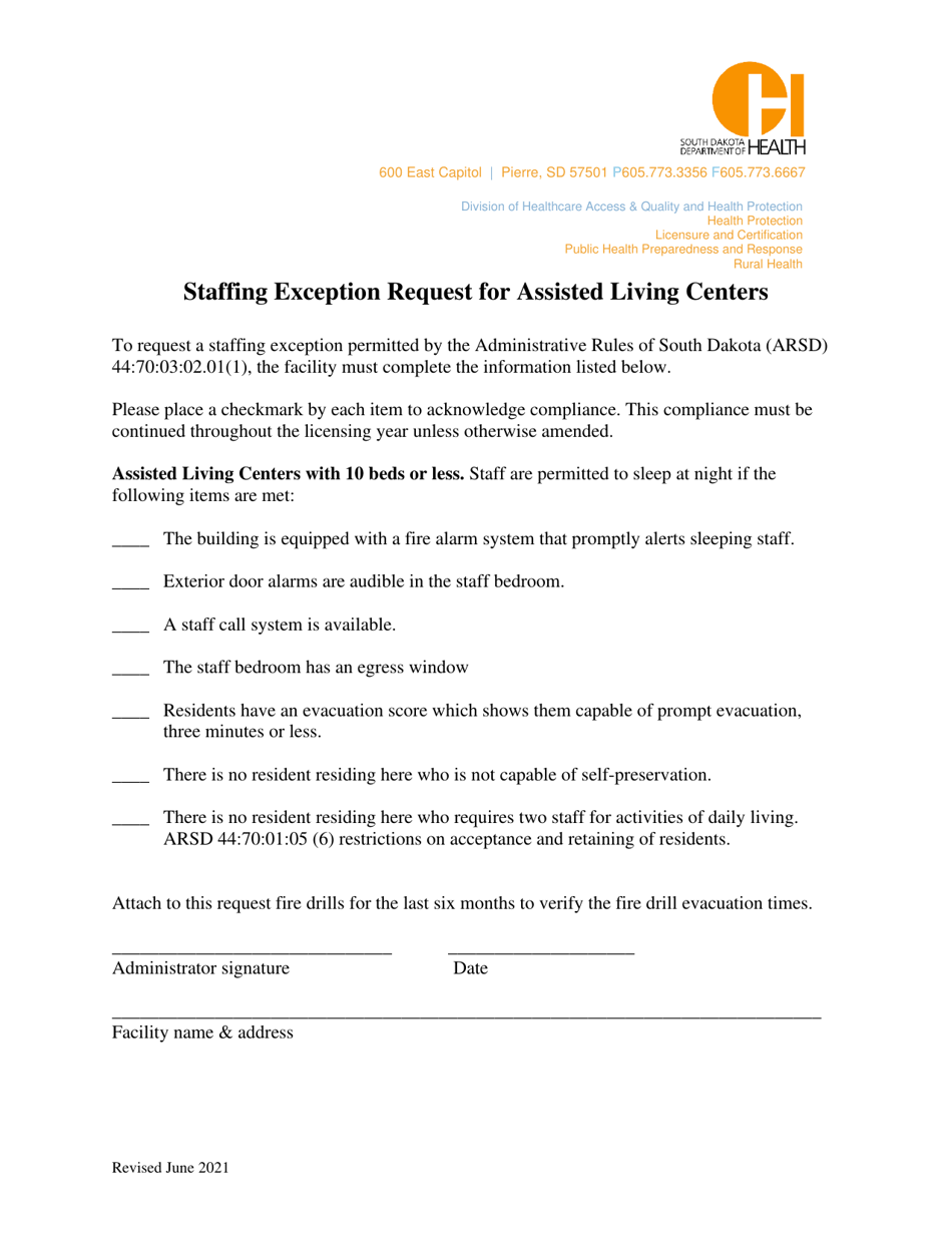Staffing Exception Request for Assisted Living Centers With 10 Beds or Less - South Dakota, Page 1