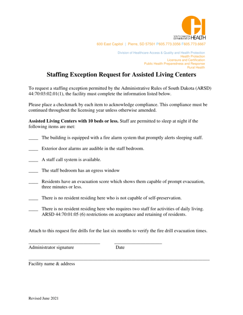 Staffing Exception Request for Assisted Living Centers With 10 Beds or Less - South Dakota Download Pdf