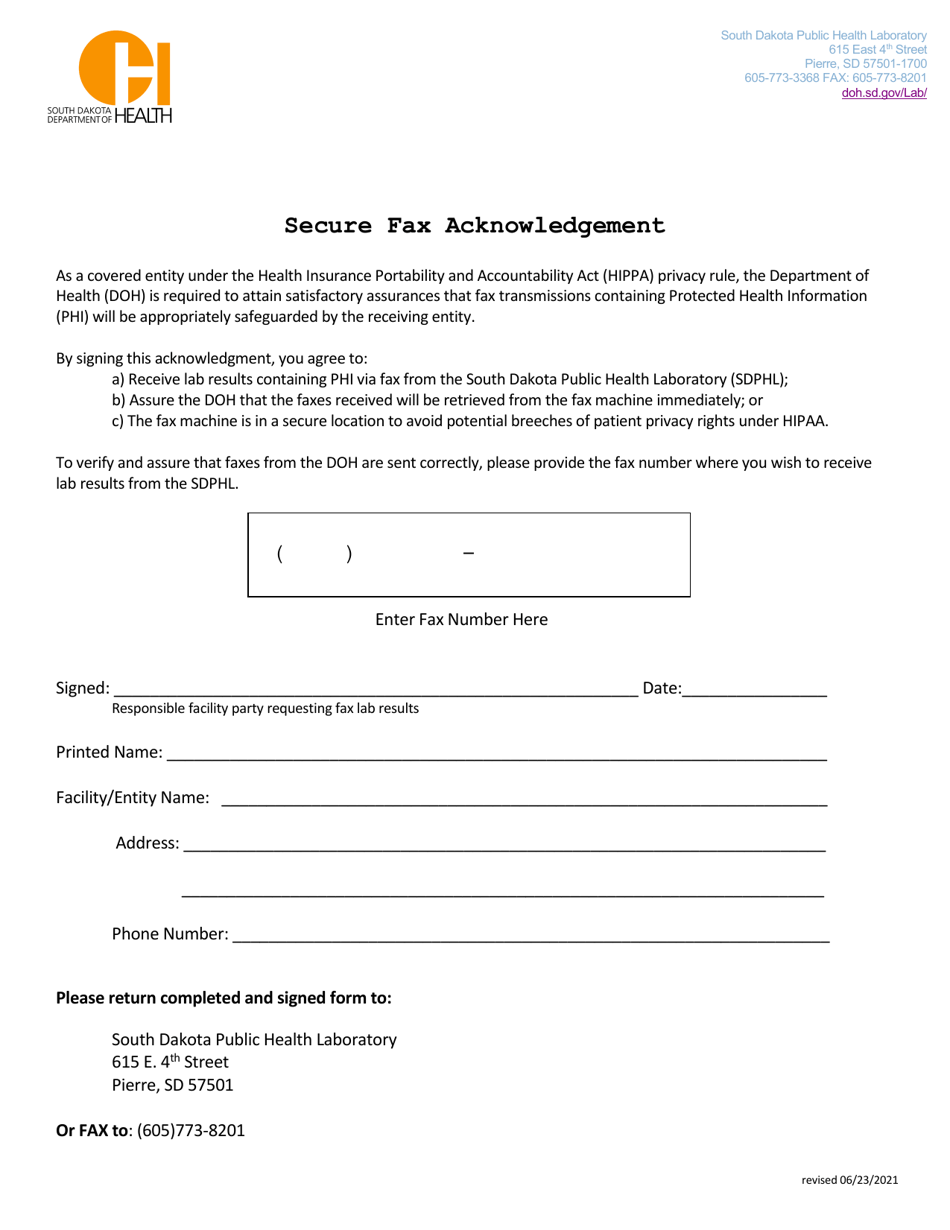Secure Fax Acknowledgement - South Dakota, Page 1