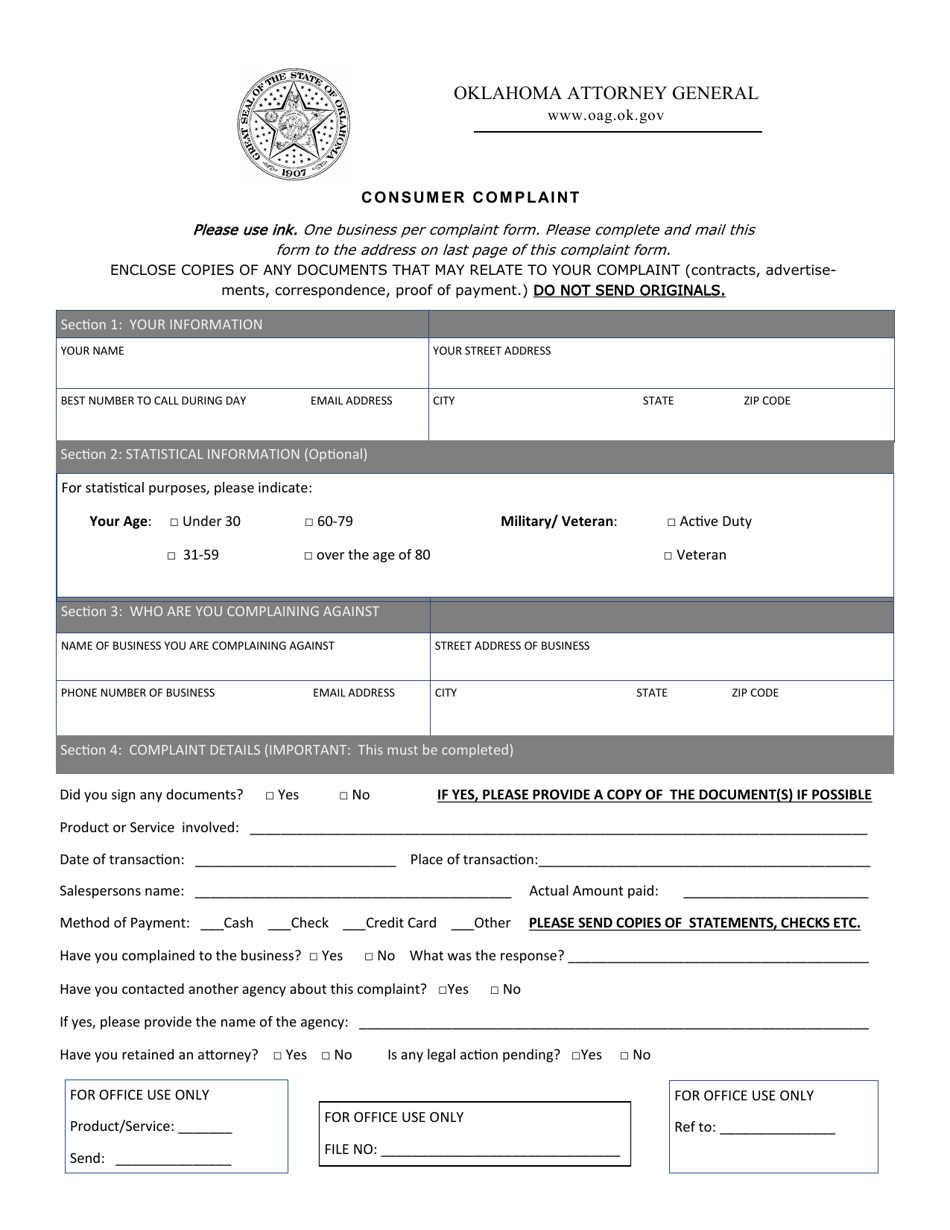 Consumer Complaint - Oklahoma, Page 1