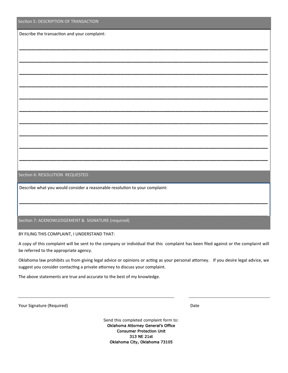 Oklahoma Consumer Complaint - Fill Out, Sign Online and Download PDF ...