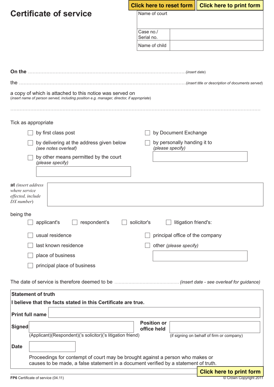 Form FP6 Certificate of Service - United Kingdom, Page 1