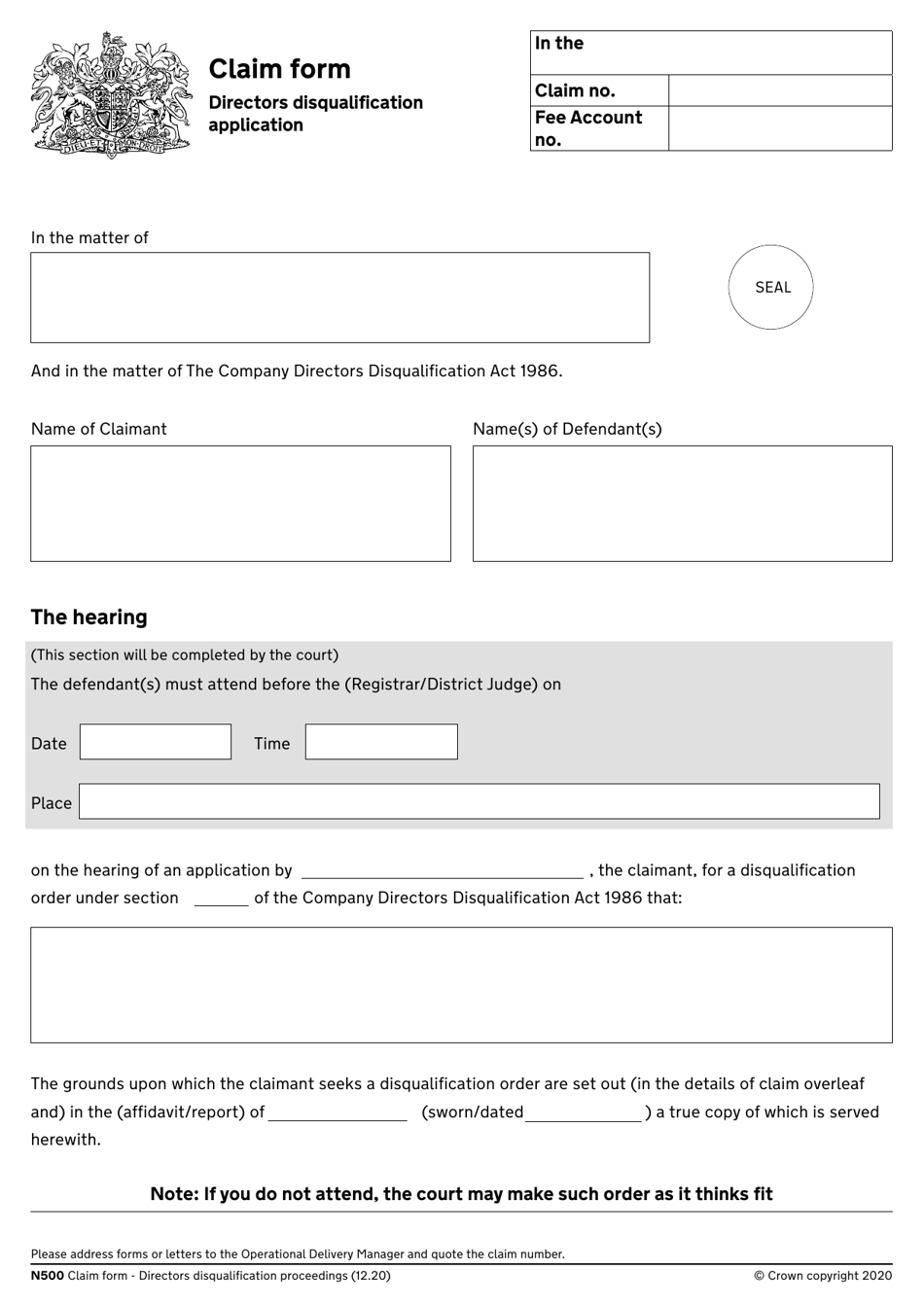 Form N500 Claim Form (Directors Disqualification Application) - United Kingdom, Page 1