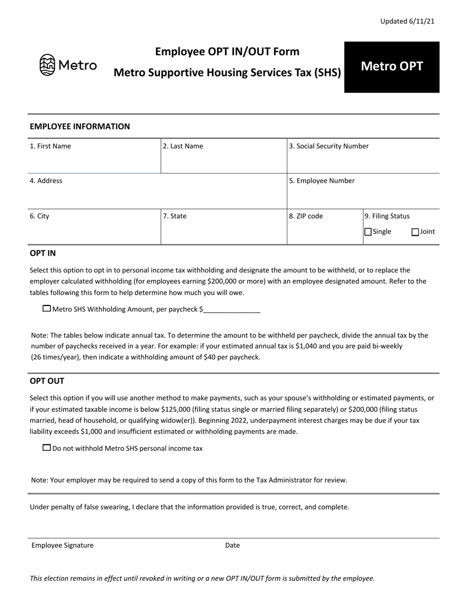 Form METRO OPT Employee Opt in / Out Form - Metro Supportive Housing Services Tax (Shs) - Oregon, Page 1
