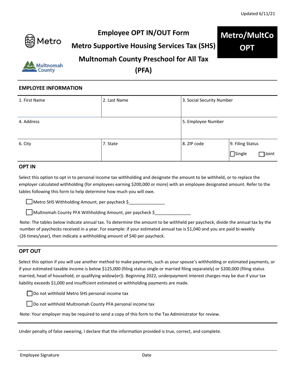Form METRO / MULTCO OPT Metro Supportive Housing Services Tax (Shs) and Multnomah County Preschool for All Tax (Pfa) Employee Opt in / Out Form - Oregon, Page 1