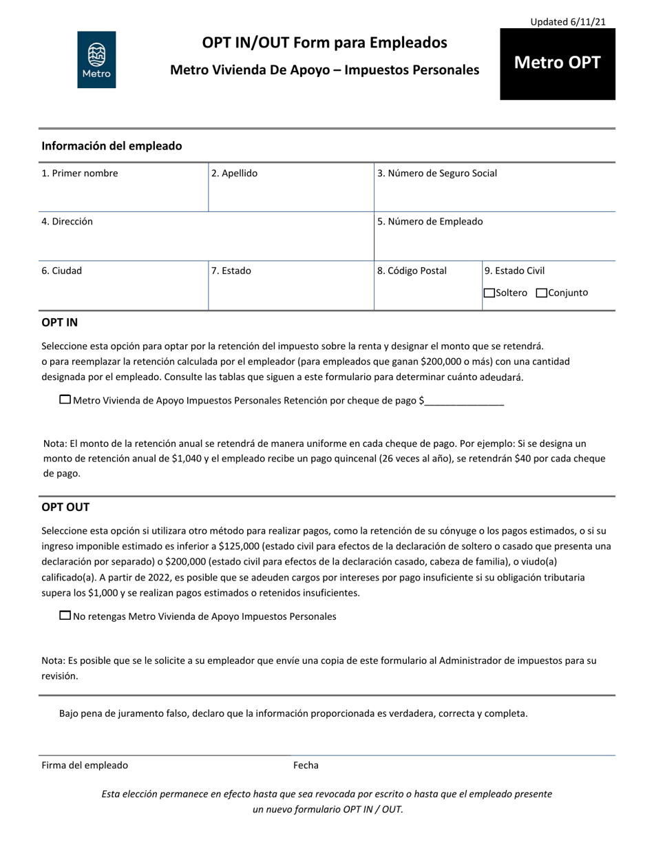 Formulario METRO OPT Opt in / Out Form Para Empleados - Metro Vivienda De Apoyo - Impuestos Personales - Oregon (Spanish), Page 1