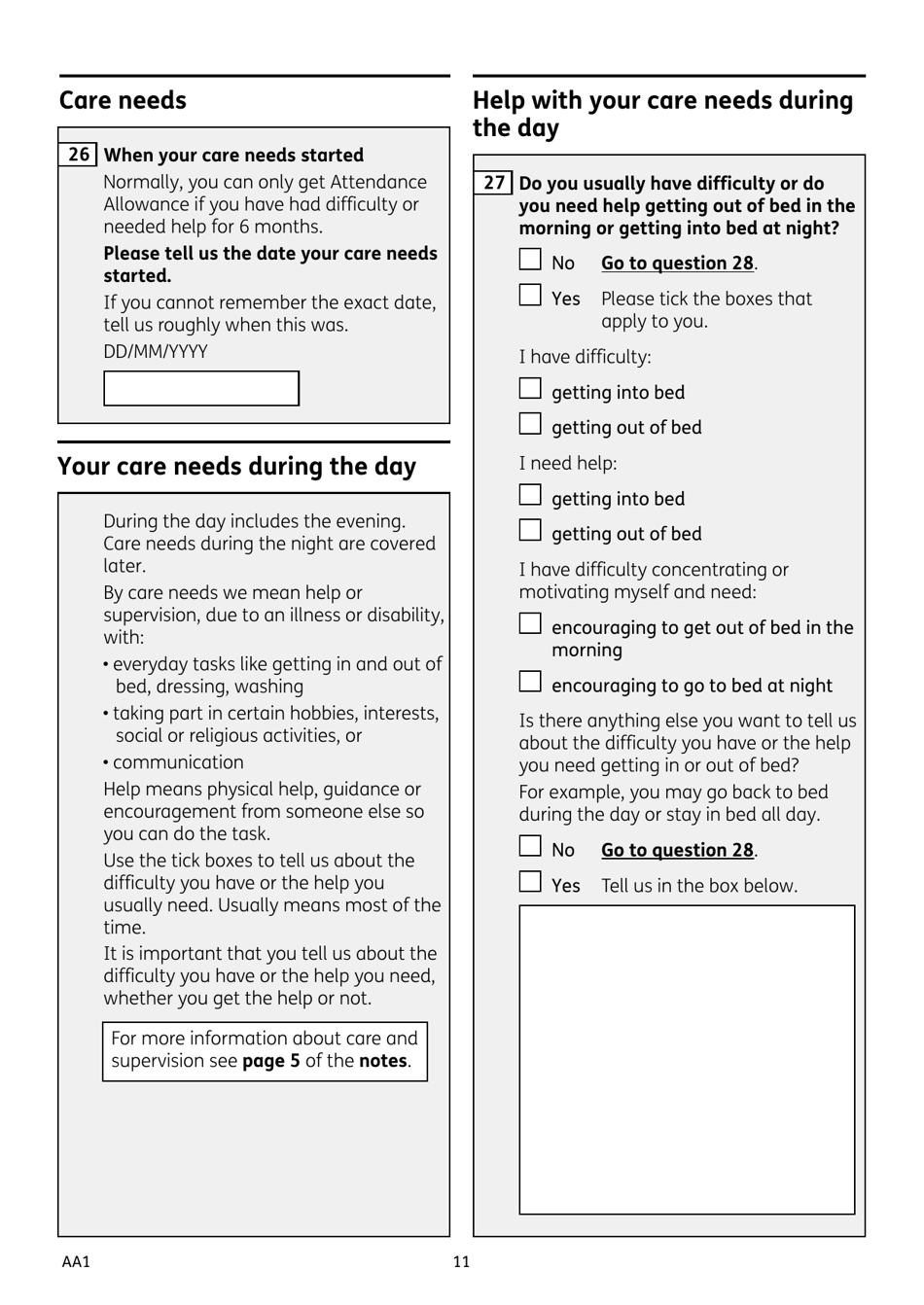 Form AA1 Attendance Allowance for People of State Pension Age or Over - United Kingdom, Page 11