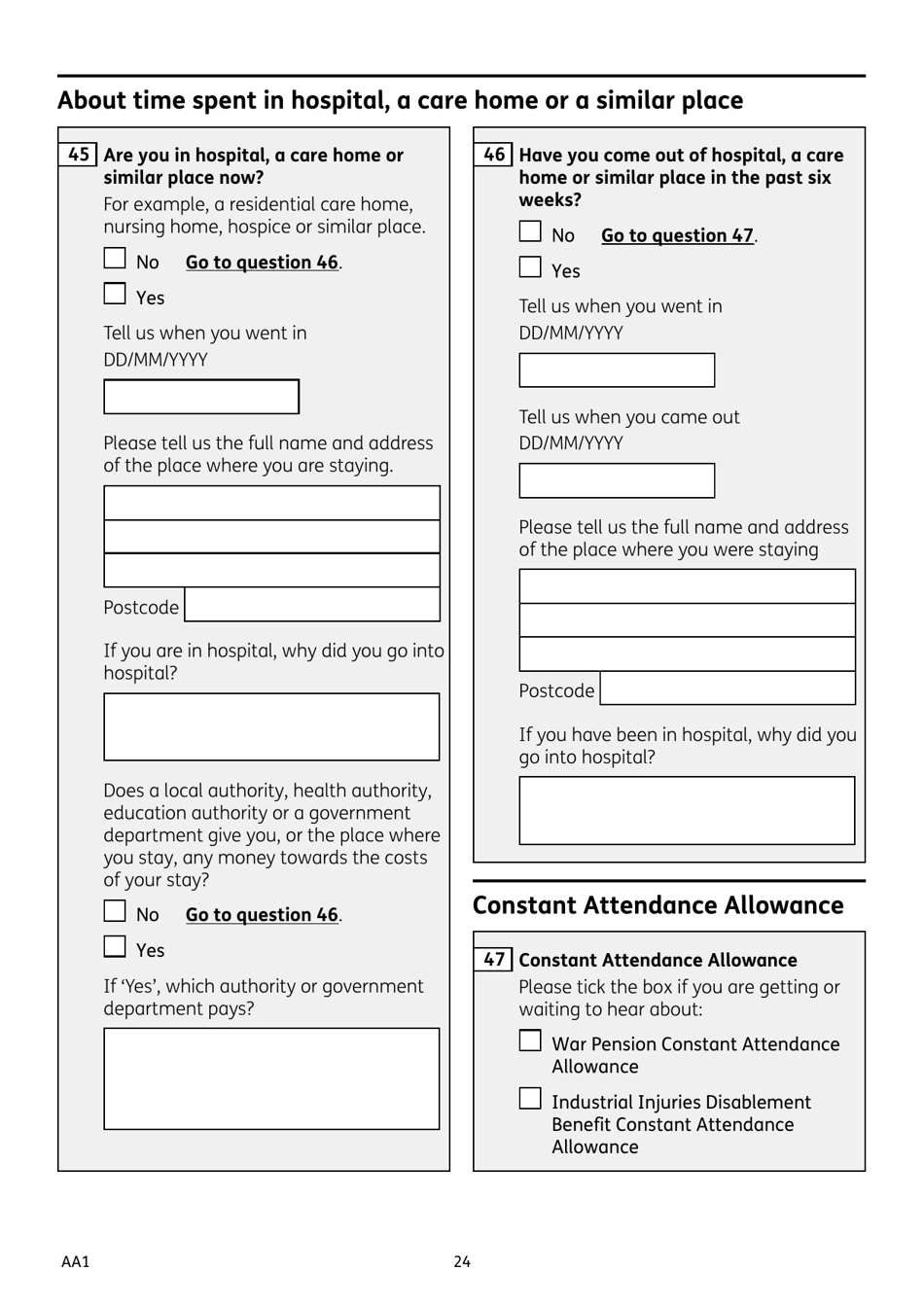Form AA1 Attendance Allowance for People of State Pension Age or Over - United Kingdom, Page 24
