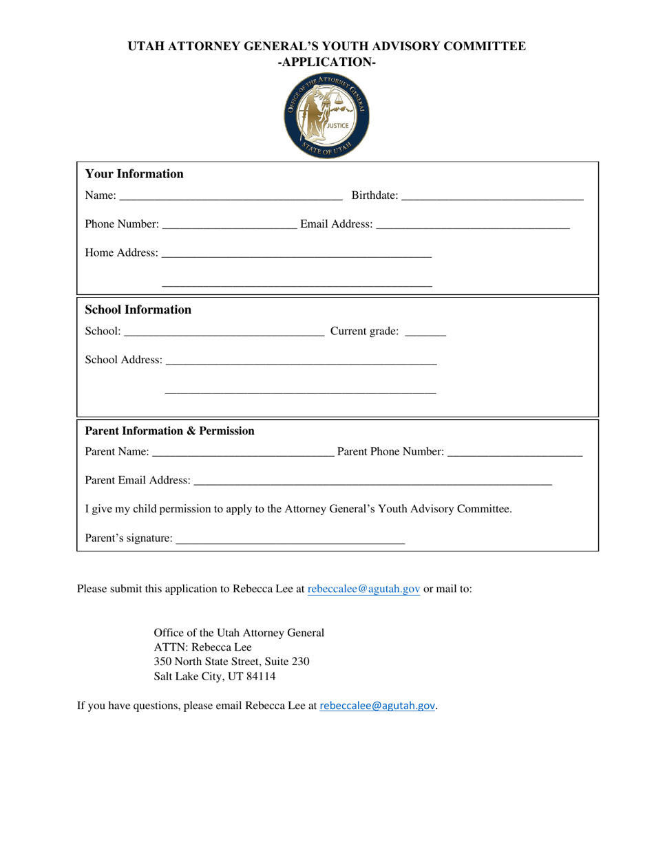 Utah Attorney Generals Youth Advisory Committee Application - Utah, Page 1