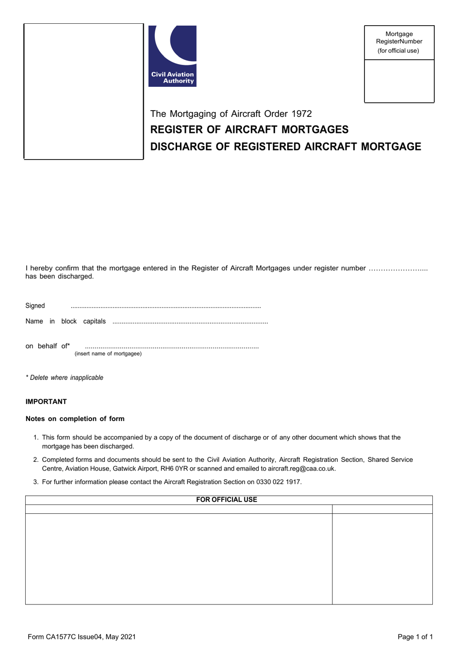 Form CA1577C Discharge of Registered Aircraft Mortgage - United Kingdom, Page 1