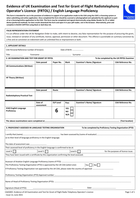 Form CAA5003 Evidence of UK Examination and Test for Grant of Flight Radiotelephony Operator's Licence (Frtol)/English Language Proficiency - United Kingdom